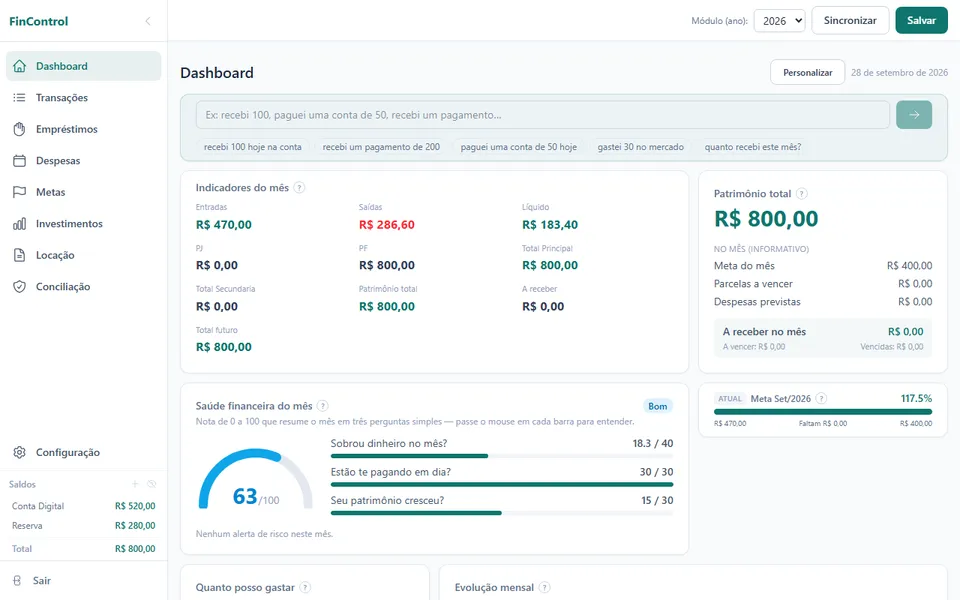 Tela do FinControl, com dados fictícios
